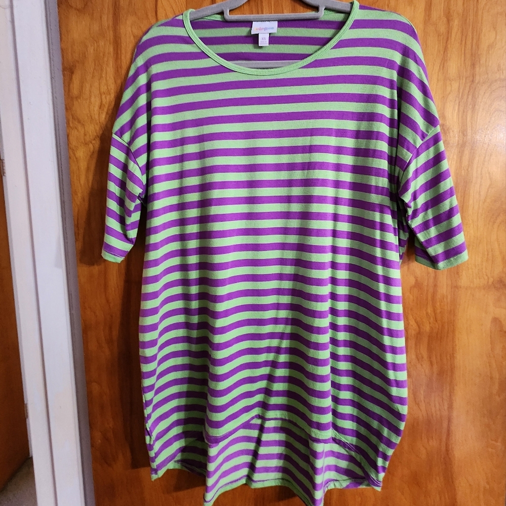 LuLaRoe Purple and Green Striped Irma Tee Size XS